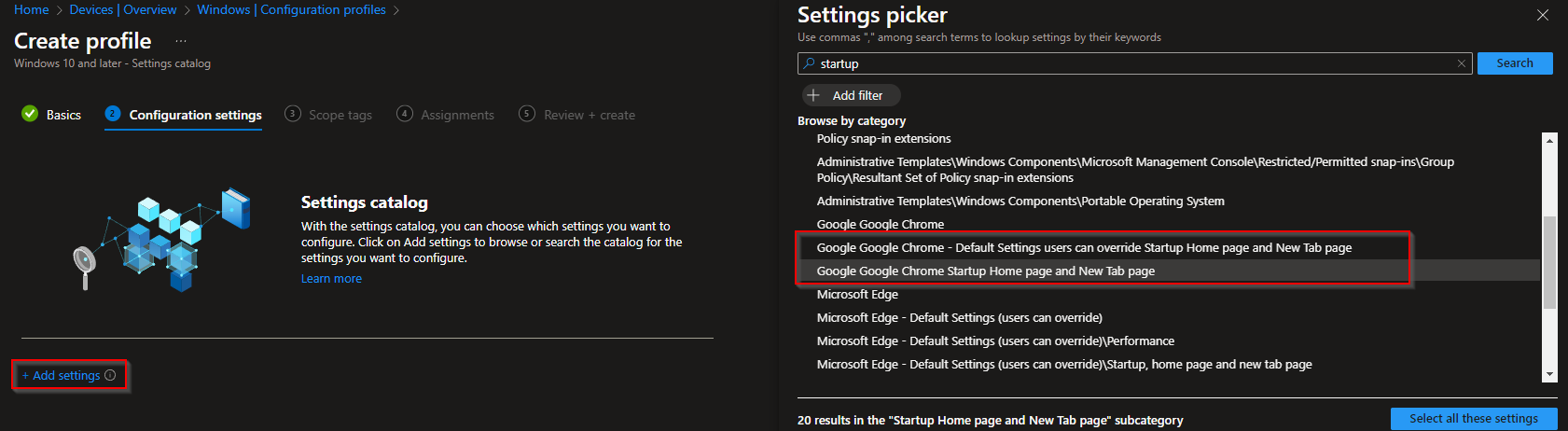 Settings picker – Chrome startup, home page and new tab page options
